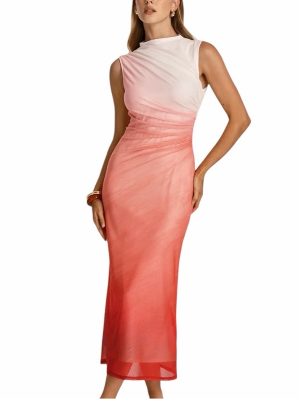 Commense Mesh Coral Red and White Ombré Maxi Dress Large NWT Open Back